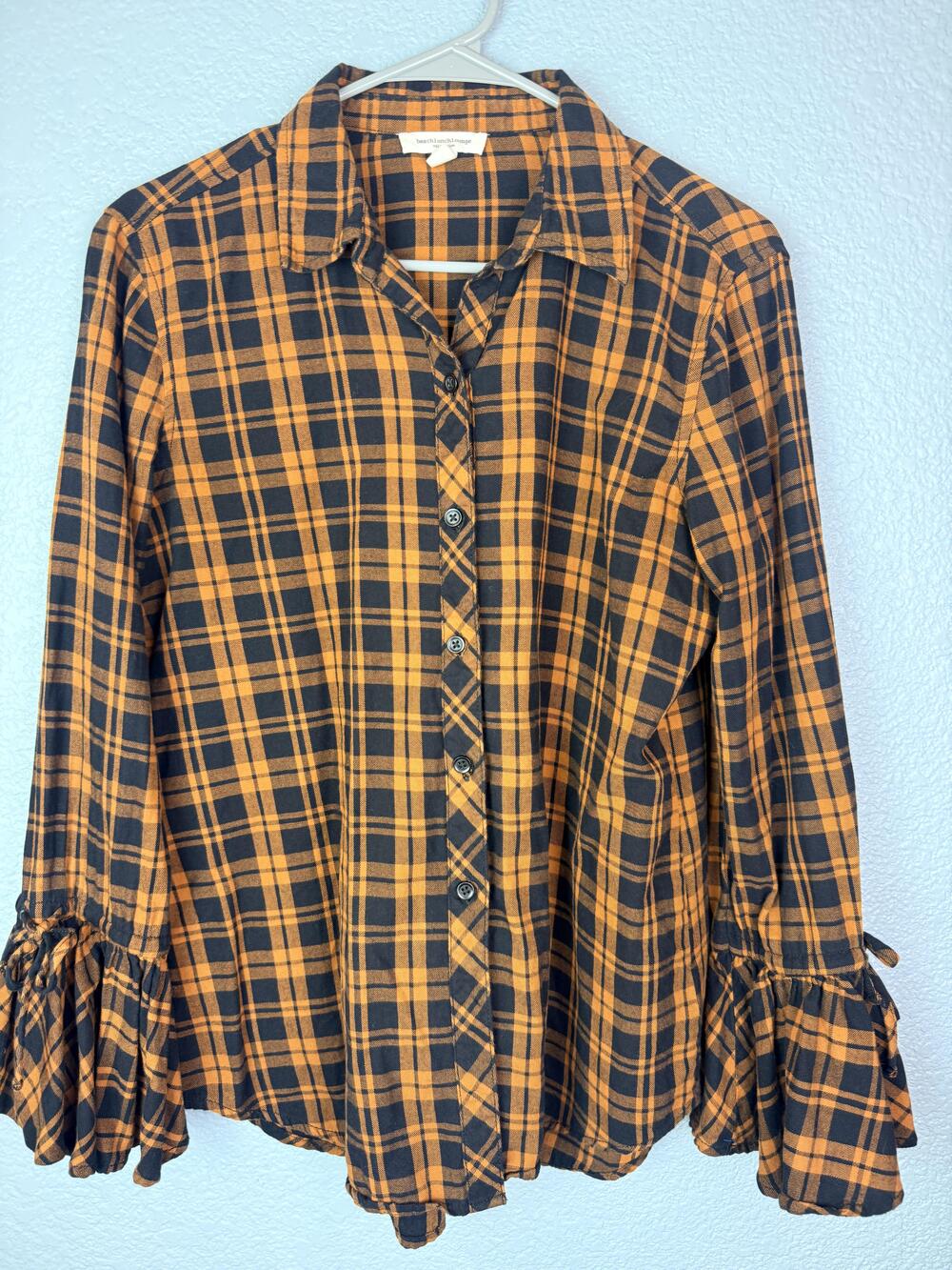 Beachlunchlounge Button Up Shirt Womens Small Orange Plaid Flannel Bell Sleeve
